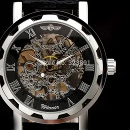 2019新しいファッションスケルトンの勝者有名なデザインスタイルの中空ビジネスレザー古典的な男性の機械的手の風の手首の腕時計