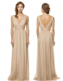 シンプルなウェディングドレス安いブライドメイドのドレスセクシーなVネックシフォンオープンバックジッパーRuchedビーズの床の長さのウエディングドレス