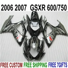 プラスチックフェアリングキット鈴木GSX-R600 GSX-R750 06 07 K6フェアリゾーンGSXR 600/750 2006 2007灰色の炎BブラックボディワークセットV24F