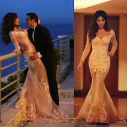 2016 Gorgerbous Myriam Fares Mermaid Prom Dresses Arabian Dubai Koronki Sheer Długie Rękawy Suknie Arabskie Party Aplikacja Formalne Suknie Wieczorowe