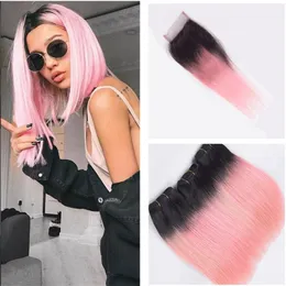 #1B Pink Two Tone Ombre Human Hair Weaves With Closure Straight Dark Roots Pink Ombre Full Lace 4x4 Frontal Closure With 3 Bundles