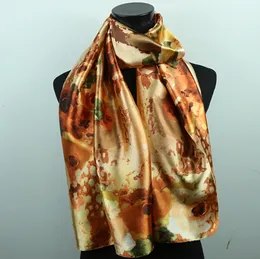 1pcs White Flower Brown Green Leaf Scarves Women's Fashion Satin Oil Painting Long Wrap Shawl Beach Silk Scarf 160X50cm