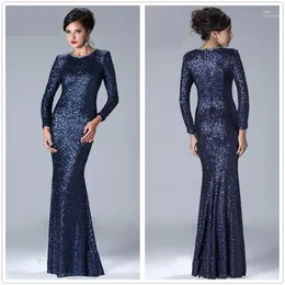 Blå ärmar Navy Sequined Mermaid Long Evening Crystals Pärlad golvlängd Party Prom Mother Dresses