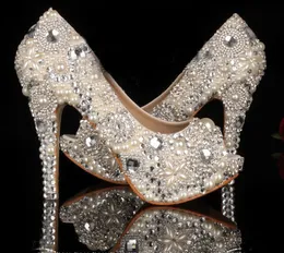 Einzigartige Elfenbeinperl -Strass -Hochzeitskleiderschuhe Peep Zehen High Heeled Brautschuhe wasserdichte Frauen Party Prom -Schuhe Plattformen Bankett Bankett