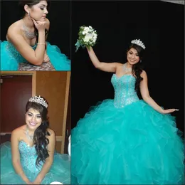 Elegant Blue Ball Gown Quinceanera Klänningar Sweetheart Ruffles Organza Crystal Sweet 16 Dresses Special Occasion Vestidos de Quinceañera