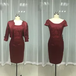 Реальные фотографии 2017 бордовый кружева атласная длина до колен мать невесты Платья с 3/4 длинным рукавом куртки вечернее платье на заказ EN112112