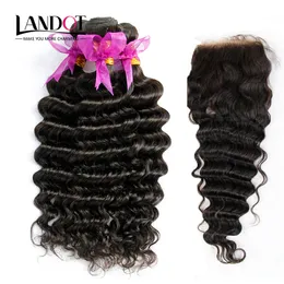 5 Pcs Muito Peruano Onda Profunda Encaracolado Cabelo Virgem Com Fechamento 8A Não Transformados Cabelo Humano Tece 4 Pacotes E 1 Peças Fechamentos de Rendas Cor Natural