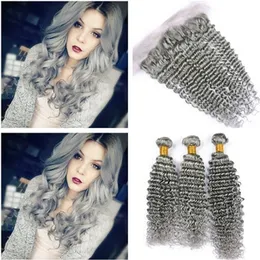 Srebrny Szary Brazylijski Głębokie Wave Dziewiczy Human Włosy 3 z Frontal Closure 4 SZTUK Lot Pure Grey 13x4 Pełna Koronkowa Frontal z Weaves