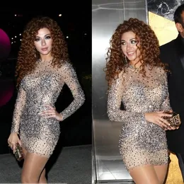 Arabskie Myriam Fares Sukienki koktajlowe Vestidos de Fiesta Frezowanie Crystal Cekiny Club Nosić Mini Krótki Sukienki z długim rękawem z długim rękawem