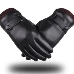 Men Touch Screen Gloves Winter Black Simulation Leather Washed PU Plus Velvet Warm Driving Cycling Fingers