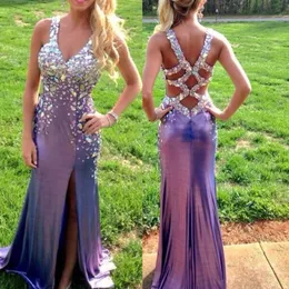 Stunning Crystal Long Prom Dresses Side Slit Cross Straps Party Evening Gown V Neck Sexig Back Sheath Vestidos Homecoming Graduation Dresses