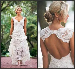 2018 New Chic Rustic Full Lace Wedding Dresses Cheap V Neck Open Back Sweep Sweep Sweep Sweep Sweep Swee