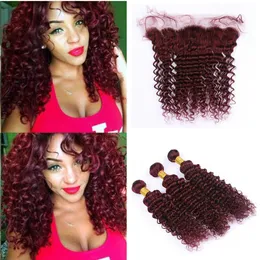 Djupvåg 99j Hårbuntar med spets frontlinstängning Brasilianska Virgin Burgundy Deep Curly Human Hair Weaves With Wine Red Lace Frontal