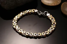 Charming Gift Top Quality Handmade 8mm Stainless steel Gold Silver Two Tone Flat Byzantine Chain Bracelet 8.66'' Fashion Style