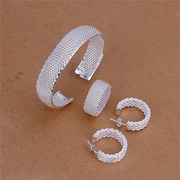 S249 Factory Price 925 sterling silver mesh bangles & ring & stud earrings Fashion Jewelry Set wedding gift free shipping