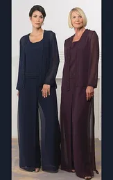 Fashion 2016 Mörk Navy Burgundy 2pcs Mor av bruden Byxor passar med jacka Pärlor Blad Wedded Lady Pant Suits Party Outfits Byxor Billiga