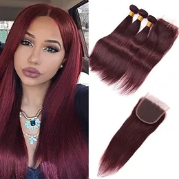 Wine Red Brazilian Virgin Hair with Closure 99j Burgundy Brazilian Straight Human Hair Weave 3Bundles with Lace Closure 4x4 Lace T2598254