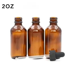 2019 Hottest Sale Boston Round 60ml Amber Glass Dropper Bottles E Liquid Glass Bottle 2OZ With Black Rubber Stopper Cap with Pipette Via-DHL