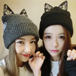 Fashion winter hat with Lace diamond knit acrylic beanies girl's cat ear hat 2 colors avaolable free shipping