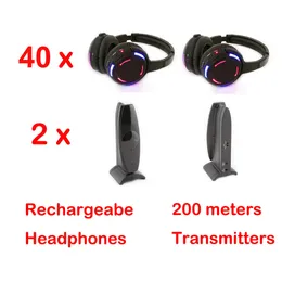 Silent Disco Compete System Black LED Wireless Hörlurar - Tyst klubbfestpaket inklusive 40 hörlurar och 2 sändare 200 m avståndskontroll