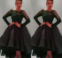 2015 Best Selling Sheer Neck Long Sleeve Prom Dresses Tea-length Ruched Organza Puffy Ball Gown Prom Dresses Stylish Lace Evening Dresses