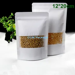 12x20cm (4.7x7.9") White Kraft Paper Stand Up Pouches Self Seal Zipper Packing Bag Food Storage Packaging Doypack With Clear Window