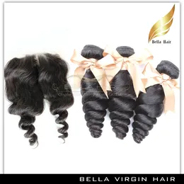 Brazilian Hair Loose Wave Virgin Human Hair Weave With Middle Part Lace Closure Grade HairWeave Natural Color 8-30" Bellahair