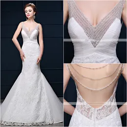 2016 Migliore vendita Moda Custom Made Tromba / Sirena Bianco Corte dei treni Scollo a V Perline di cristallo Backless Pizzo / Tulle Abiti da sposa 207