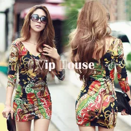 2014 Sexy Plus Size Dress Print Floral mini bodycon long sleeve women party evening casual new fashion club wear winter 9014