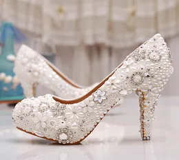 Luxuy El Yapımı Inci Kristal Elmas Düğün Ayakkabı Beyaz Gelin Elbise Ayakkabı Kadın Platformu Yüksek topuklu 3 Inç Glitter Pompalar