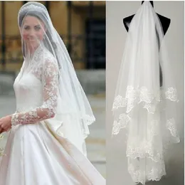 2015 Véus de Noiva Princesa Kate Véu de Noiva de Renda Barato Em Estoque Frete Grátis Acessórios de Casamento Véu de Noiva Comprimento da Ponta dos Dedos Custom Made