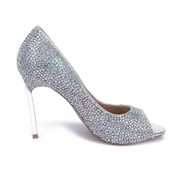 Ny ankomst Rhinestone Bröllopskor Peep Toe Stiletto Heel Sandaler Äkta Läder Ol High Heels AB Color Crystal Prom Skor