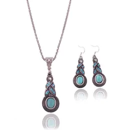 Fashion Vintage Pattern Blue Crystal Turquoise Pendant Jewelry Sets Earrings Necklace For Party Women Dresses Accessories For Sale 10 items