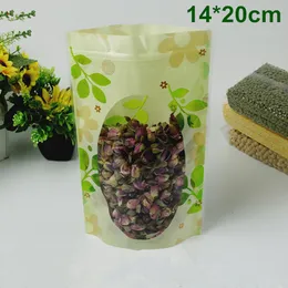 DHL 400Pcs/ Lot 14*20cm Stand Up Green Leaf PE Plastic Doypack Pouch Zipper Window Bag Food Storage Packaging Packing Bag Polybag