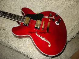 China Guitar Red Custom Guitar 6 Przełącznik sprzętu Hollow Jazz Electric Guitar System Flame Top OEM tani