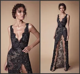 New Black Lace frisada Dividir Prom Pageant Dresses 2017 Modest Moda V-neck comprimento Sexy completa Berta Evening ocasião Vestido 249