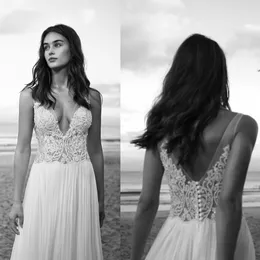 Hod Lihi Beach Dresses Deep v Neck Lace Hearique Beads Bridique Bridals Sweep Train Train Vintage Chiffon Dress