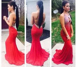 2016 Sexy Red Beaded Syrenki Długie Prom Dresses Backless Open Back Back Hole Neck Crystal Party Dress Suknie Kalter Gowns