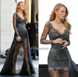 Beaded Lace Long Sleeve Prom Dresses Deep V-Neck Illusion Celebrity Evening Dresses Dark Gray Overskirt Party Gowns Fashion