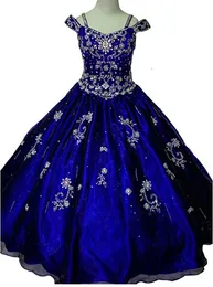 Королевские голубые бусины маленькие девочки платья конкурсом 2018 Crystal Girl Carding Dress Press Plorge Children Formal ношение цветочных девушек платья FO1896