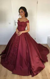 2017 Evening Dresses Overskirts Burgundy Off Shoulder Lace Applique Beads Sequins Satin Sweep Train Celebrity Cocktail Party Prom Gowns