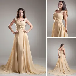 Champagne Elegant Long A-line Beaded Sequined Straps Evening Dress Chiffon Sweetheart Prom Dress Beaded Pleats Party Dresses