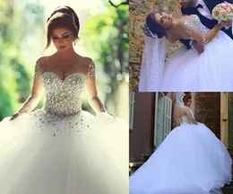 Luxury Vintage Wedding Dresses 2016 Crystal Beaded Long Sleeve Wedding Dress Sweetheart vestido de noiva Bridal Ball Gown Real Image