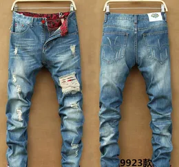 Men's Slim Skinny Pants Runway Straight Elastic Denim Pants Destroyed Ripped Jeans