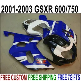 Hot Sale Motorcykel Set för Suzuki GSXR600 GSXR750 2001 2003 2003 K1 Fairings 01-03 GSXR 600 750 Blue White Black Fairing Kit SK23
