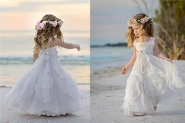 Çiçek Ucuz Beyaz Kızlar Düğün Square Neck Aplike Boncuklar Çocuklar Çocuklar Resmi Giyim Kolsuz Beach Girl s Pageant önlük elbisesi