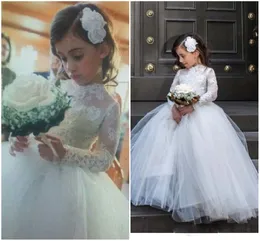 Abiti da cerimonia per ragazza adorabili per feste Collo alto Manica lunga Principessa Appliques Abito da bambina in pizzo Fiore Abiti da cerimonia per bambini s'