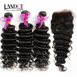 Peruvian Virgin Hair Deep Wave With Closure 8a Obehandlat Curly Human Hair Weaves 3 Bundles och 1 st Top Lace Stänger Naturliga svarta Wefts