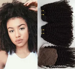 Fechamento de seda Com Feixes de Cabelo Brasileiro Kinky Curly Remy Tecer Cabelo Humano Não Transformados Cabelo Virgem Malaio Indiano Extensões de Cabelo Peruano