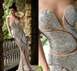 2020 New Bling Rami Salamoun Split Evening Dresses Illusion Neck Sheer Major Beading Crystal Sheath Sheer Skirt Celebrity Party Prom Gowns